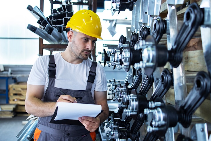 Gratis Foto industriële werknemer die uniforme en gele bouwvakker draagt die productie in fabriek controleert