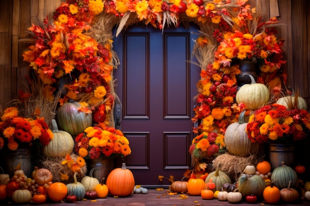 Gratis foto ingang van een huis versierd met pompoenen voor thanksgiving