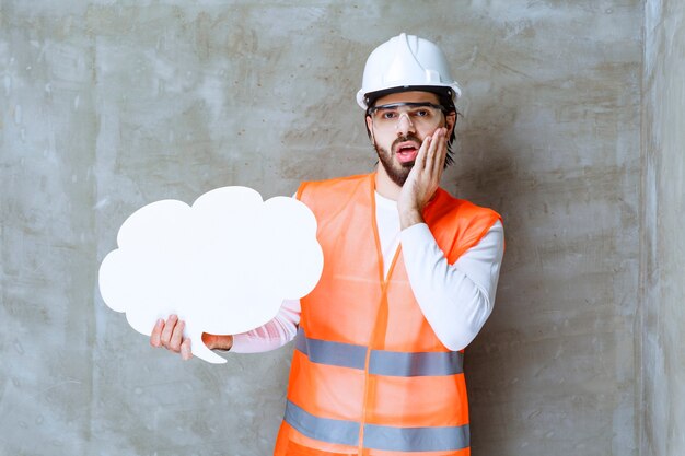 Ingenieursman in witte helm en beschermende bril die een infobord vasthoudt en er verward en doodsbang uitziet.