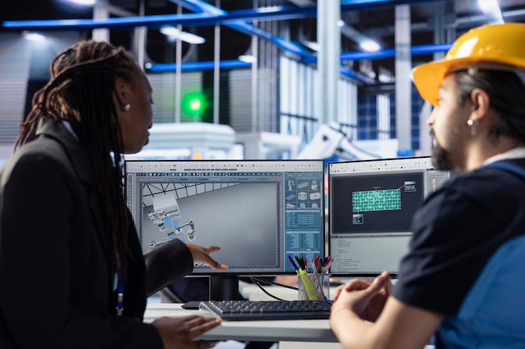 Gratis Foto ingenieursteam bekijkt de configuratie van de assemblagelijnen van zonnepanelen op een pc