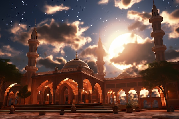Ingewikkeld gebouw en architectuur van de moskee 's nachts