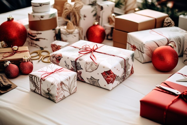 Gratis foto inpakpapier en kerstcadeautjes op een witte houten tafel