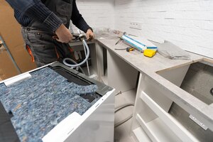 Gratis foto installatieslangen voor vaatwasser machine huishoudelijke aansluiting sanitaire leidingen in keuken