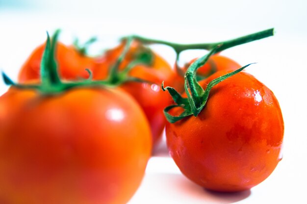 Inzameling van tomaten met een lichte schaduw, geïsoleerd op wit,