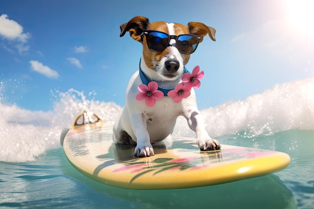 Jack russell-hond die op een golf surft zonnige dag zomerconcept ai generatief
