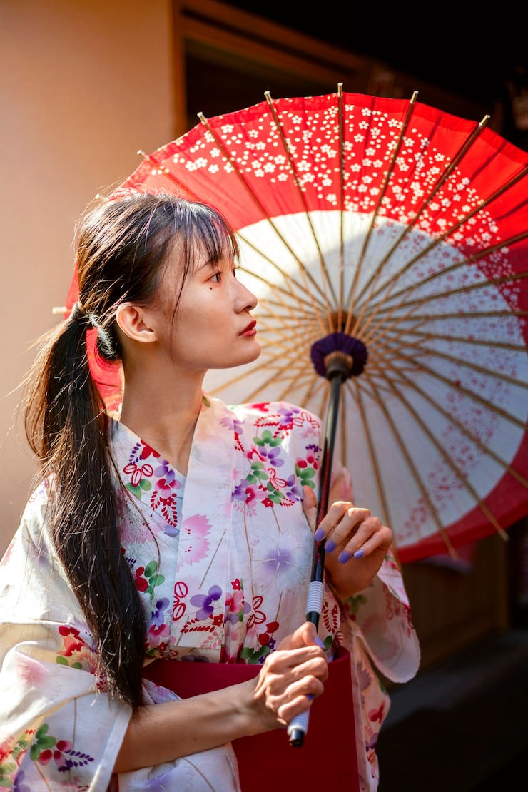 Gratis Foto japanse wagasa-paraplu geholpen door jonge vrouw