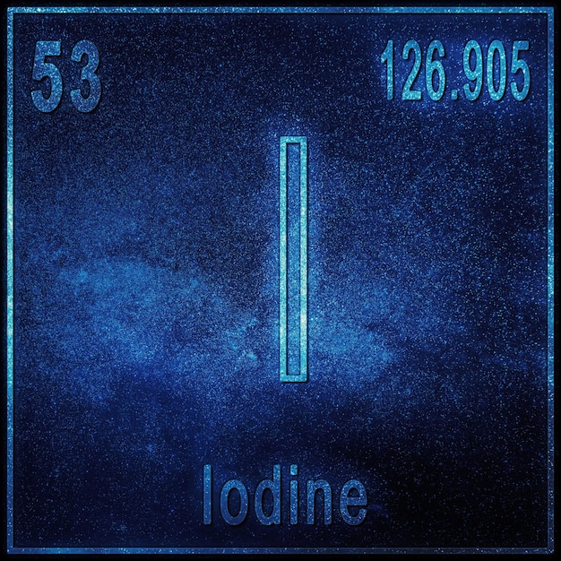 Jodium scheikundig element, teken met atoomnummer en atoomgewicht, periodiek systeemelement