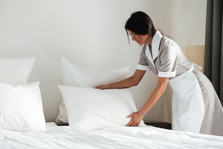 Gratis Foto jong de vestigingshoofdkussen van het hotelmeisje op bed