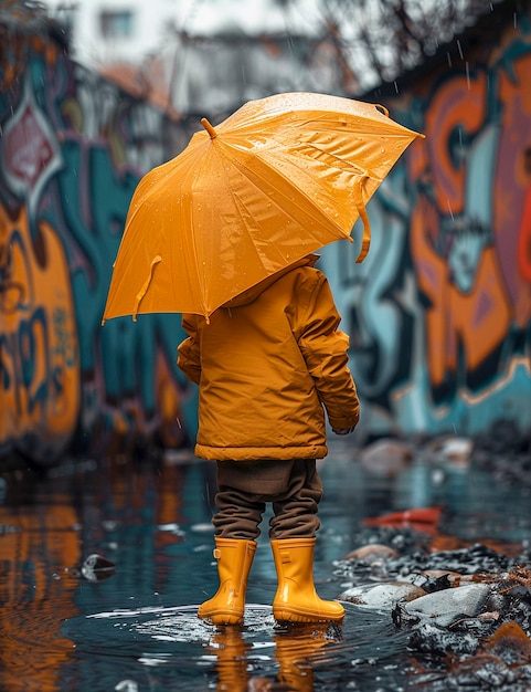 Gratis foto jong kind geniet van het geluk van de jeugd door na de regen in de plas water te spelen