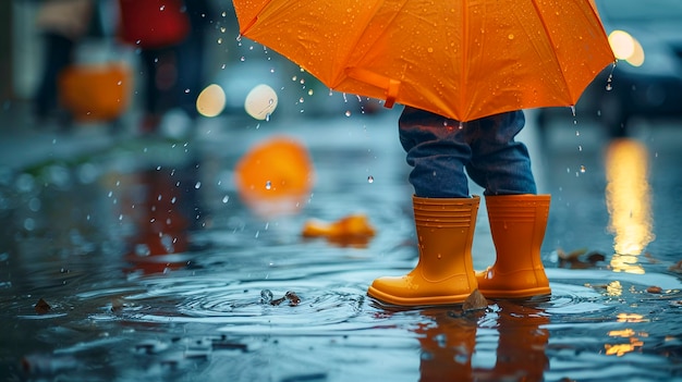Gratis foto jong kind geniet van het geluk van de jeugd door na de regen in de plas water te spelen