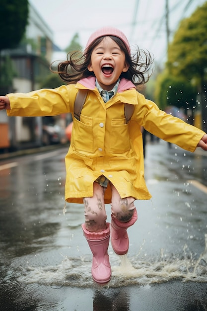 Gratis foto jong kind geniet van het geluk van de jeugd door na de regen in de plas water te spelen