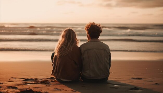 Jong koppel omarmen kijken naar zonsondergang op het strand gegenereerd door AI