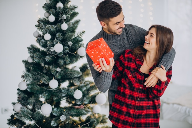 Jong koppel samen bij de kerstboom thuis