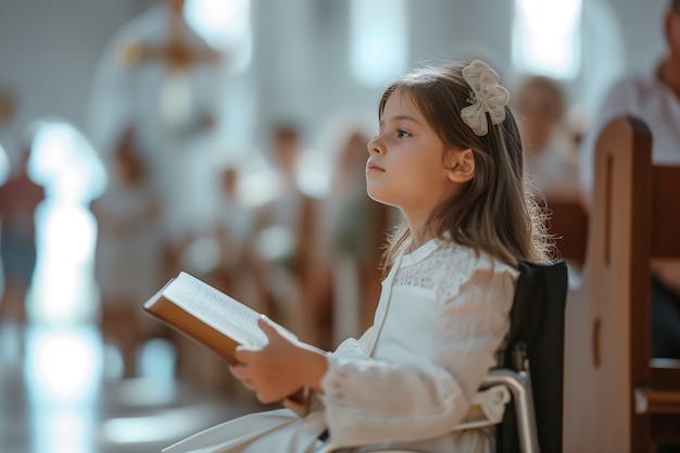 Gratis foto jong meisje in de kerk die haar eerste communieceremonie ondergaat