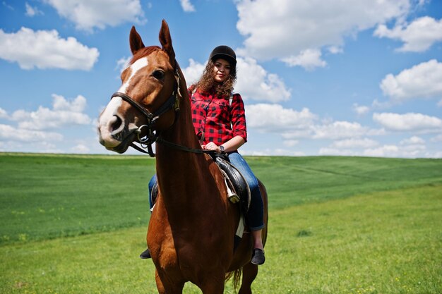 Jong mooi meisje rijdt op een paard op een veld op een zonnige dag