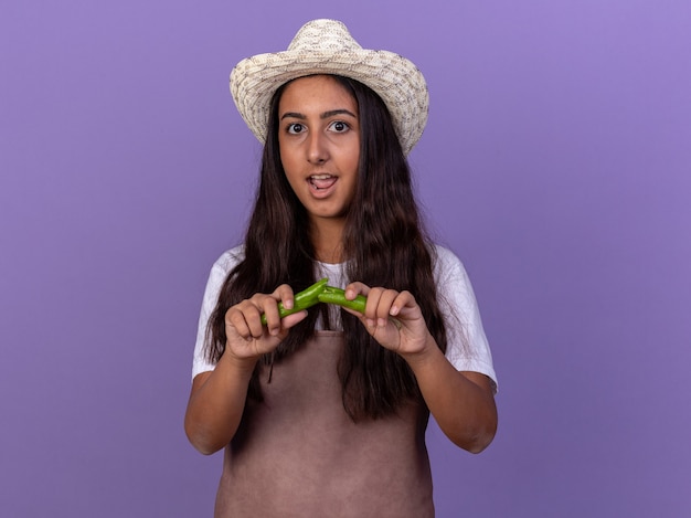 Jong tuinmanmeisje die in schort en de zomerhoed gebroken groene spaanse peperpeper houden die zich over purpere muur verraste