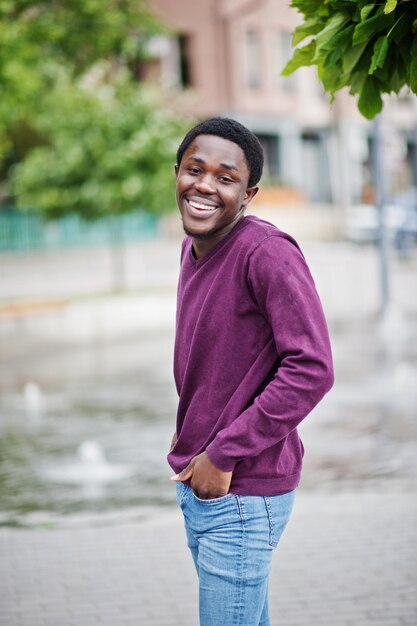 Jonge afro-amerikaanse man in paarse trui poseerde tegen fonteinsteeg