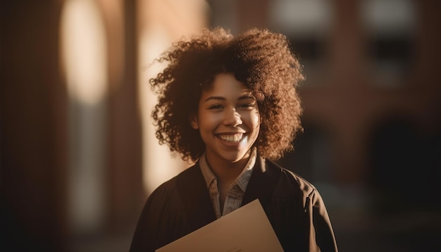 Jonge Afro-Amerikaanse zakenvrouw die buiten glimlacht met vertrouwen gegenereerd door AI