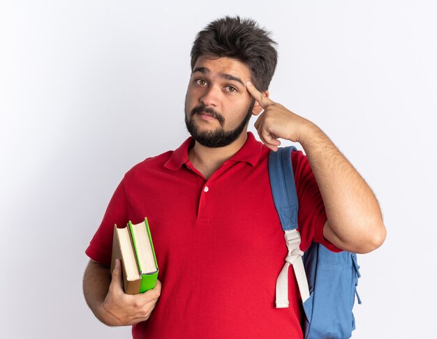 Jonge, bebaarde student man in rood poloshirt met rugzak met notebooks wijzend met wijsvinger naar zijn tempel met een glimlach op slim gezicht staande over witte muur