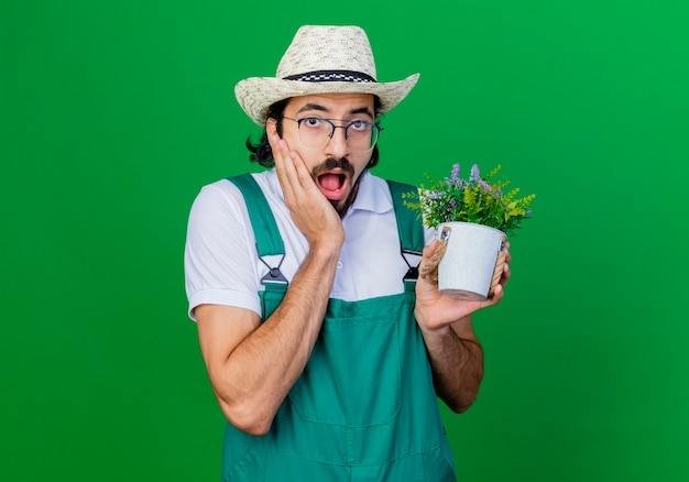 Jonge, bebaarde tuinman man met jumpsuit en hoed met potplant wordt verbaasd en verrast