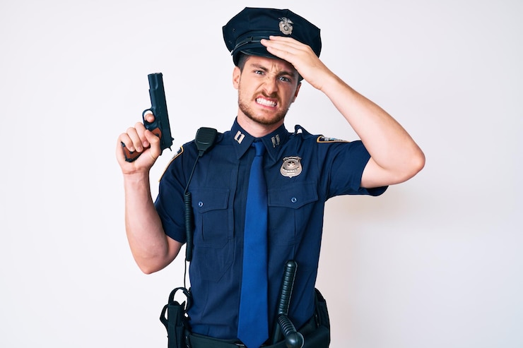 Gratis Foto jonge blanke man met politie-uniform met pistool gestrest en gefrustreerd met hand op hoofd, verrast en boos gezicht