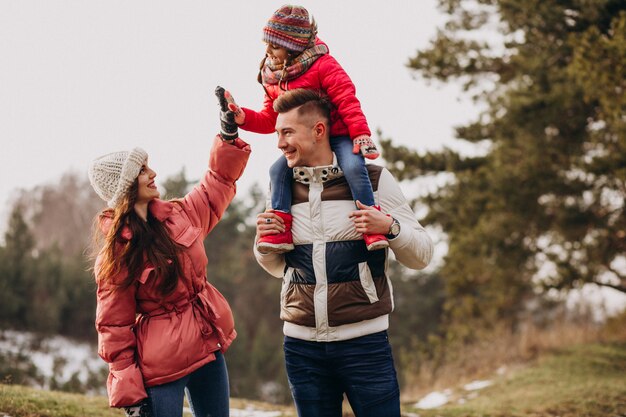 Jonge familie die samen in bos in de wintertijd loopt