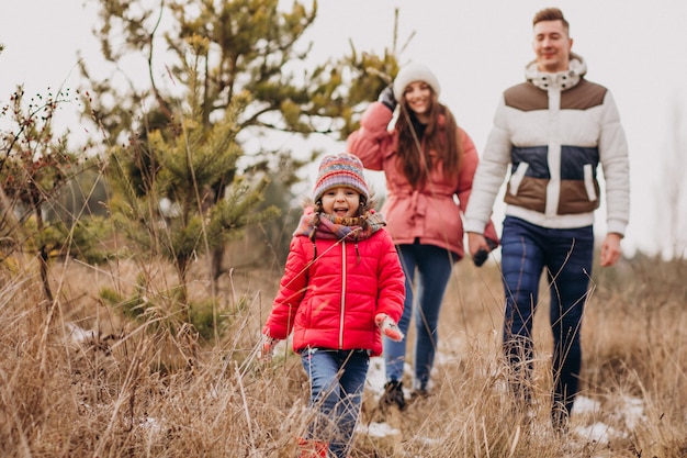 Jonge familie die samen in bos in de wintertijd loopt