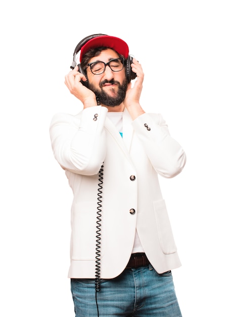 Jonge gekke zakenman met koptelefoon