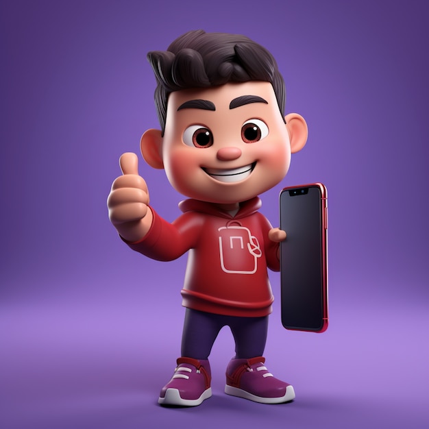 Jonge jongen cartoon personage met telefoon