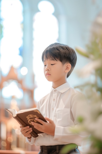 Jonge jongen in de kerk die zijn eerste communieceremonie ondergaat