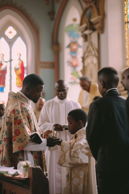 Jonge jongen in de kerk die zijn eerste communieceremonie ondergaat