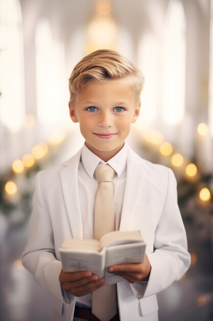 Jonge jongen in de kerk die zijn eerste communieceremonie ondergaat