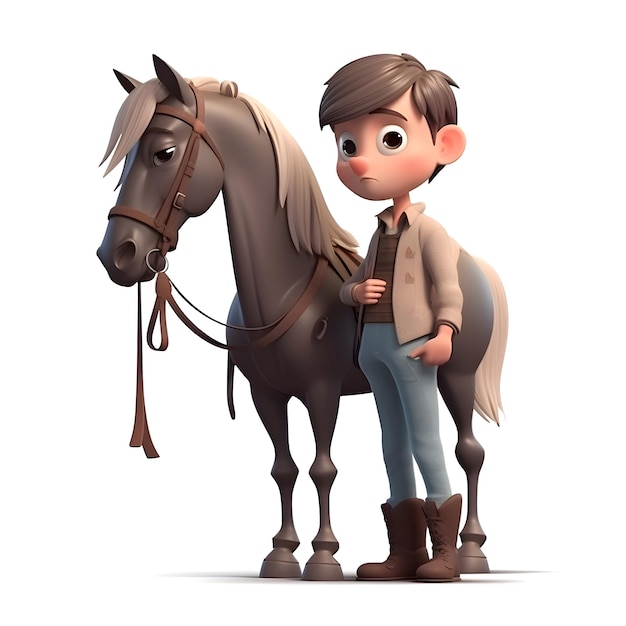 Jonge jongen met een paard op witte achtergrond 3d rendering