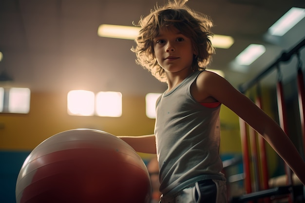 Jonge jongen oefent gymnastiek met een bal