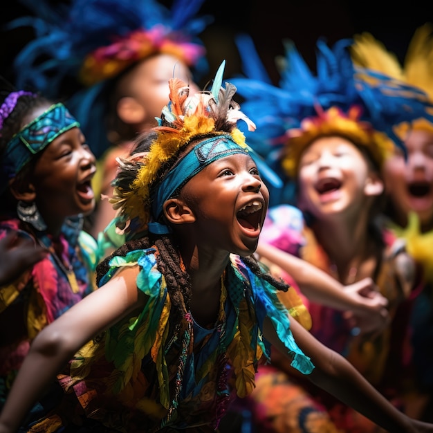 Jonge kinderen spelen een toneelstuk om de wereldtheaterdag te vieren