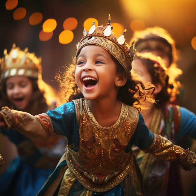 Gratis foto jonge kinderen spelen een toneelstuk om de wereldtheaterdag te vieren