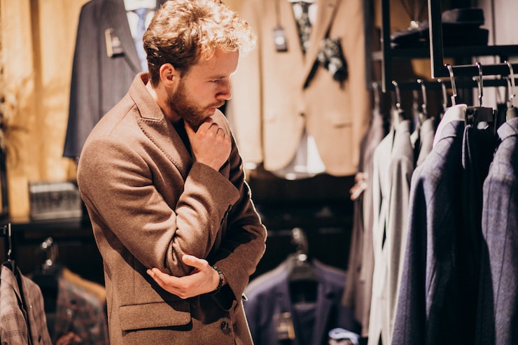 Gratis Foto jonge knappe man kleding kiezen bij winkel