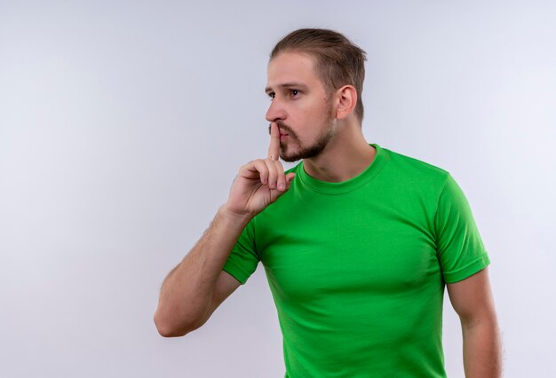 Jonge knappe man met groen t-shirt opzij kijken stilte gebaar met vinger op lippen staande op witte achtergrond