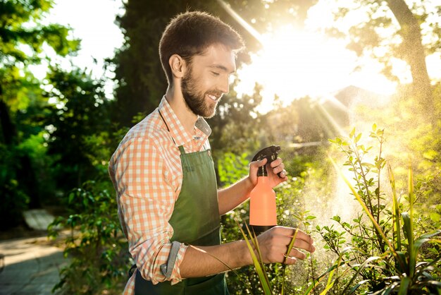 Jonge knappe tuinman glimlachen, drenken, planten verzorgen
