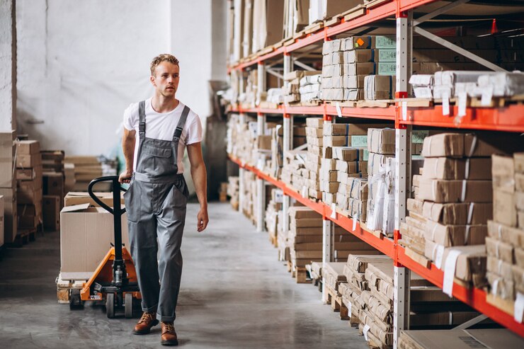 Gratis Foto jonge man aan het werk in een magazijn met dozen