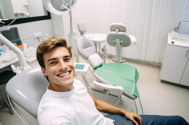 jonge man gelukkige en verbaasde uitdrukking in een tandartskliniek