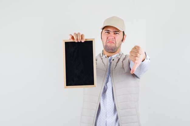 Jonge man in beige jas en pet met schoolbord en duim naar beneden en op zoek naar ontevreden, vooraanzicht.