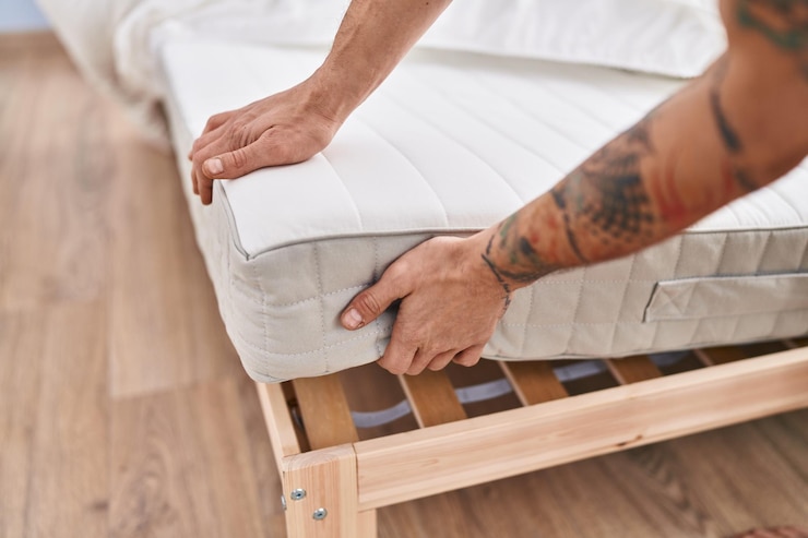 Jonge man met matras in de slaapkamer