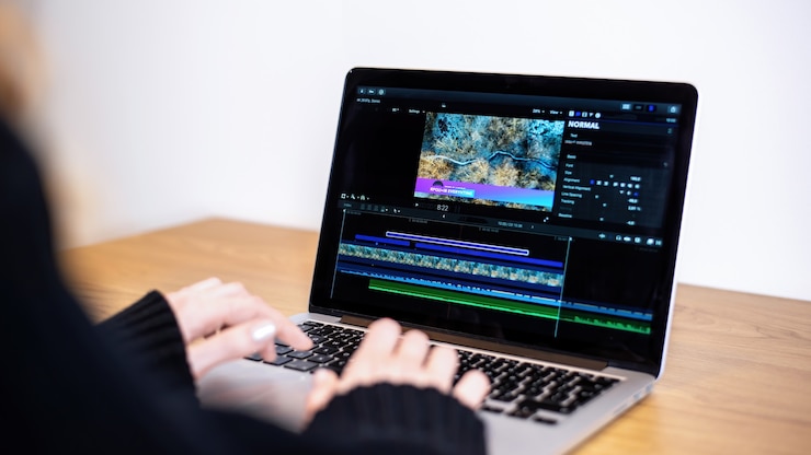 Gratis Foto jonge meid die video op haar laptop bewerkt. werken vanuit huis