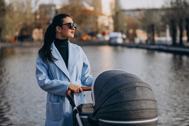 Jonge moeder die met kinderwagen in park loopt