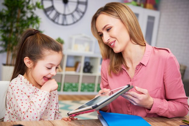 Jonge moeder en haar dochter die thuis een tablet gebruiken