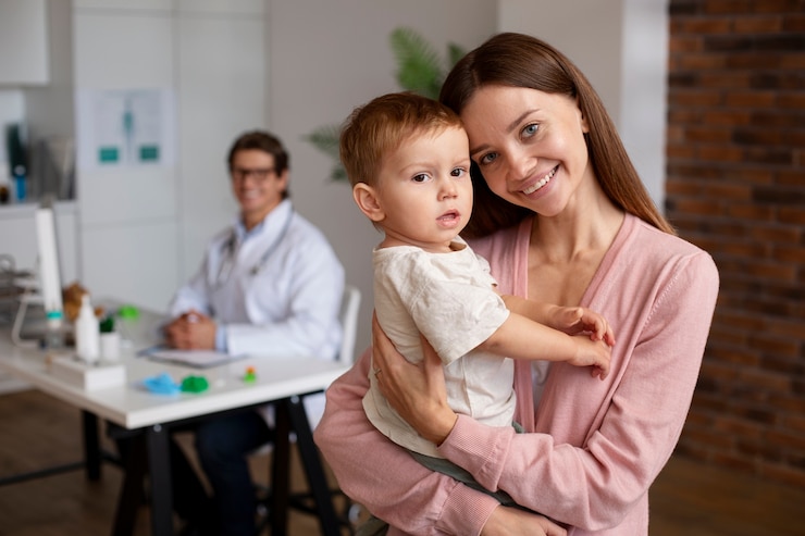 Gratis Foto jonge moeder met haar peuter bij de kinderarts voor lichamelijk onderzoek