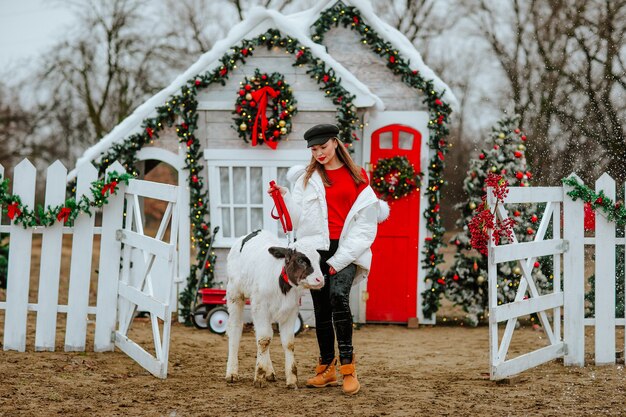 Jonge mooie dame in witte winterjas en zwarte pet poseren met kleine stier tegen kerstboerderij. vakantieconcept.