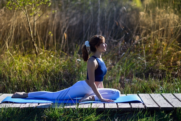 Jonge mooie vrouw doet yoga in de natuur