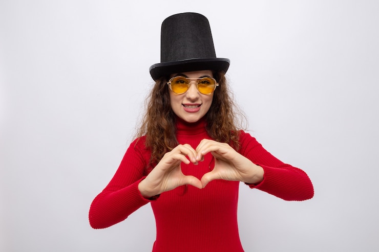 Gratis Foto jonge, mooie vrouw in rode coltrui in cilinderhoed met een gele bril die er vrolijk uitziet en een hartgebaar maakt met vingers